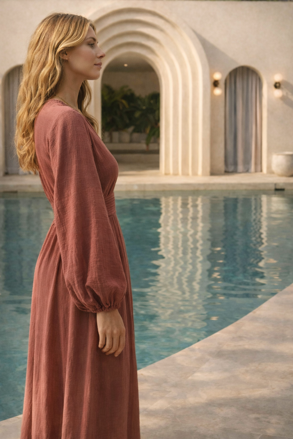 Woman in a long, flowing Clio dress by ELLECHEMY is standing by a pool with architectural elements in the background at Casa Arca Tulum