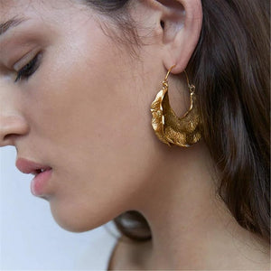Large Gold Hoop Bohemian Hammered Metal Earrings 18K Plated