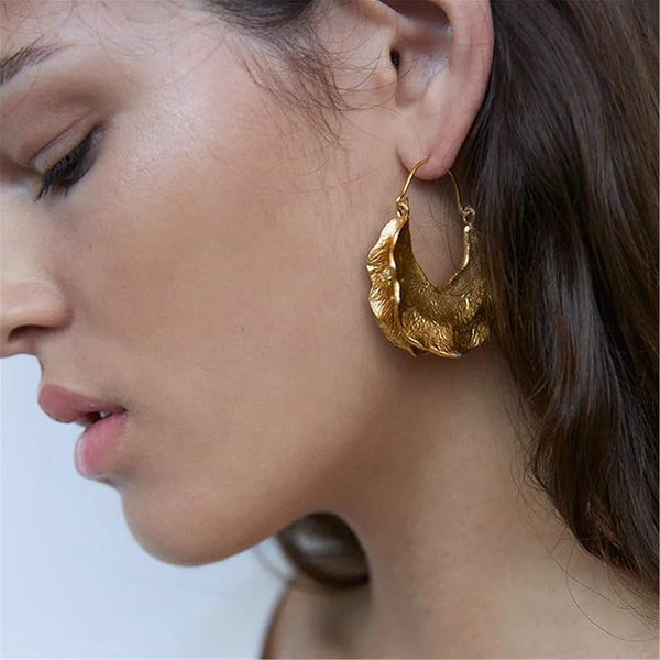 Large Gold Hoop Bohemian Hammered Metal Earrings 18K Plated