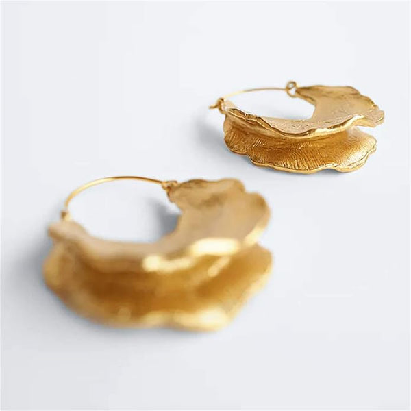 Large Gold Hoop Bohemian Hammered Metal Earrings 18K Plated