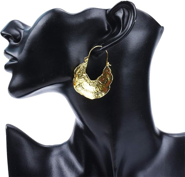 Large Gold Hoop Bohemian Hammered Metal Earrings 18K Plated