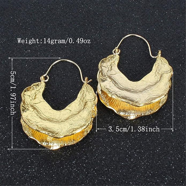 Large Gold Hoop Bohemian Hammered Metal Earrings 18K Plated