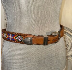 Aztec Beaded Leather Belt with Silver Buckle (Vintage, One of a Kind)