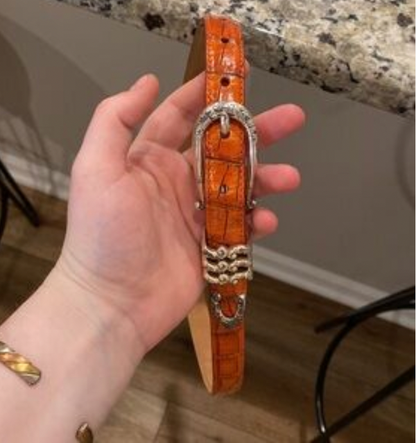 Vintage Ornate Orange Leather Belt with Silver-Tone Buckle — One of a Kind