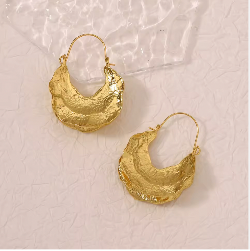 Large Gold Hoop Bohemian Hammered Metal Earrings 18K Plated