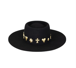 Lack of Color Celestial Black Boater Hat Fedora with Gold Jewels